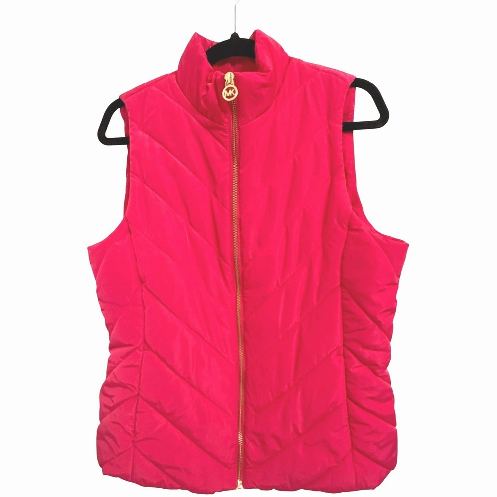 Michael Kors Pink Chevron Puffer Vest Gold Zip Logo Pull Womens Medium NEW